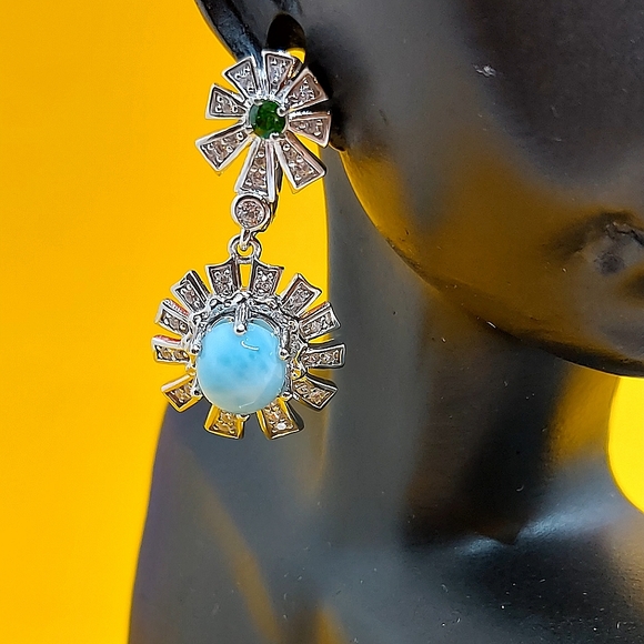 Natural Unheated Larimar 7mm & Cz‎ 925 Sterling Silver Earrings - Picture 5 of 7